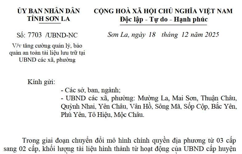 UBND TỈNH SƠN LA CHỈ ĐẠO TĂNG CƯỜNG QUẢN LÝ, BẢO QUẢN AN TOÀN TÀI LIỆU TẠI UBND CÁC XÃ, PHƯỜNG TRÊN ĐỊA BÀN TỈNH
